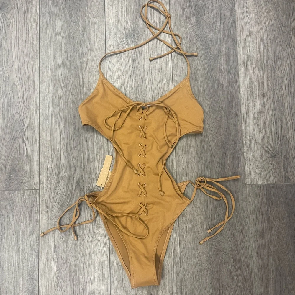 Women’s Tan Lace-Up One-Piece Swimsuit - Halter Tie